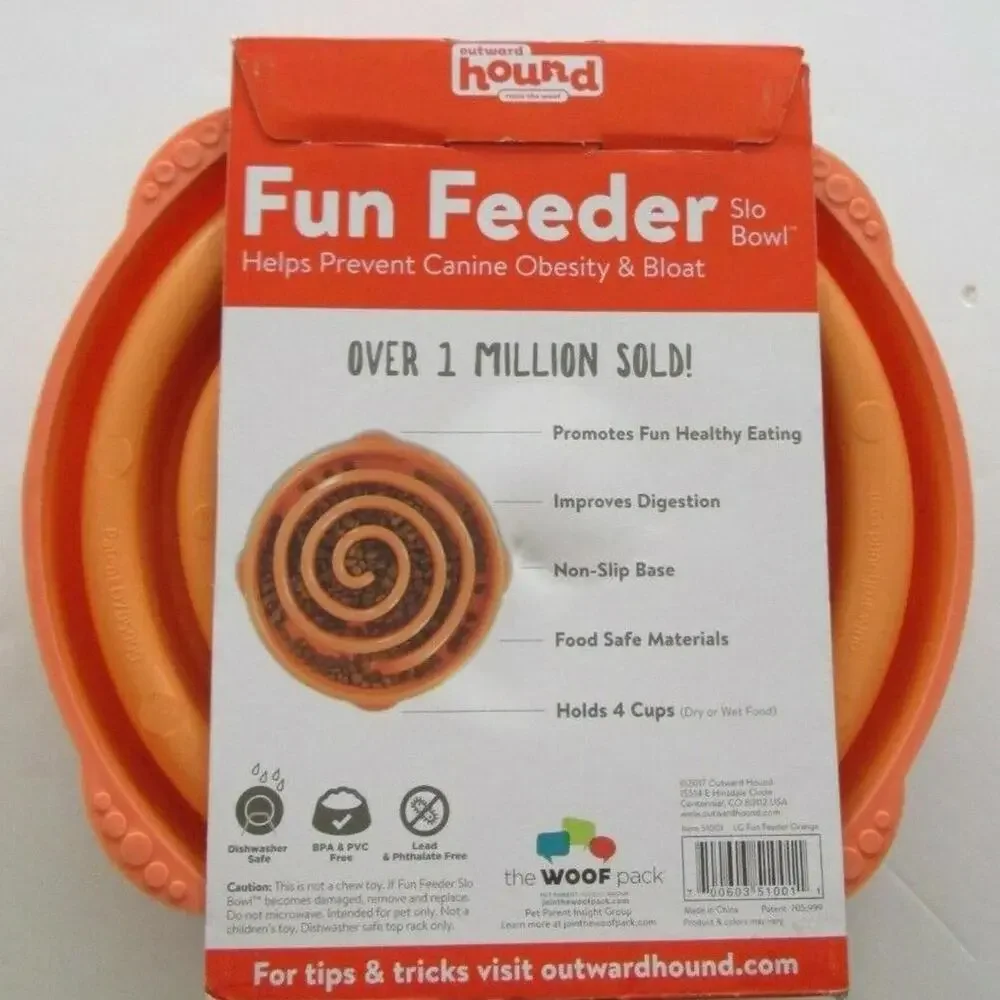 New Outward Hound Fun Feeder Slo Bowl-Holds 4 Cups-Orange-Dogs Eat 10x Slower